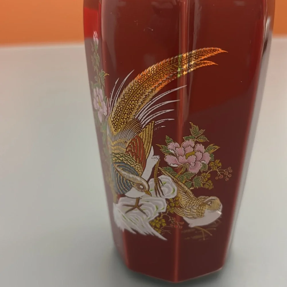 Vintage 1970s Japanese Bud Vase Maroon Pheasants and Dogwood Gold Trim & Accents